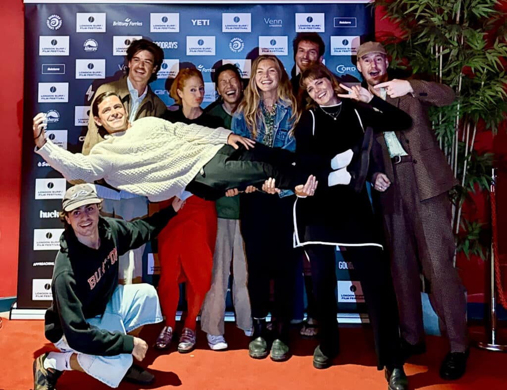 LS/FF 2025: You know we're all about celebrating and elevating the creativity that exists in surfing, so are our filmmakers! L to R: Olly McLellan, Quinn Graham, Dorthe Eickelberg, Karen Song, Maddie Meddings, Joaquin Azulay, Lucy Small, Jonathan Stromberg uplifting Rodrigo Valsamis